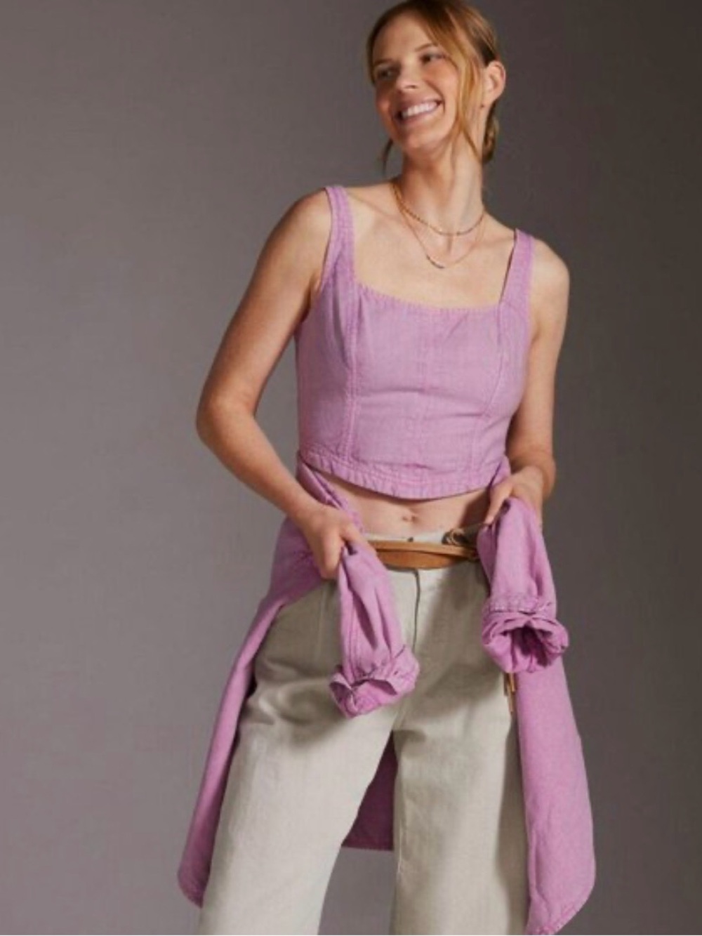 Anthropologie Pilcro Corset Rose Pink Tank Top Lilac Smocked Back